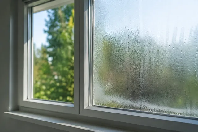 Fogged, cloudy sliding glass door panel from a failed seal